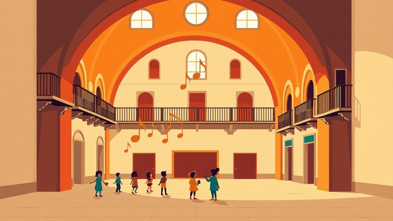 Illustrated poster: Fiestas de Durango 2026: Jazz for Children at Pórtico de Santa María, Durango