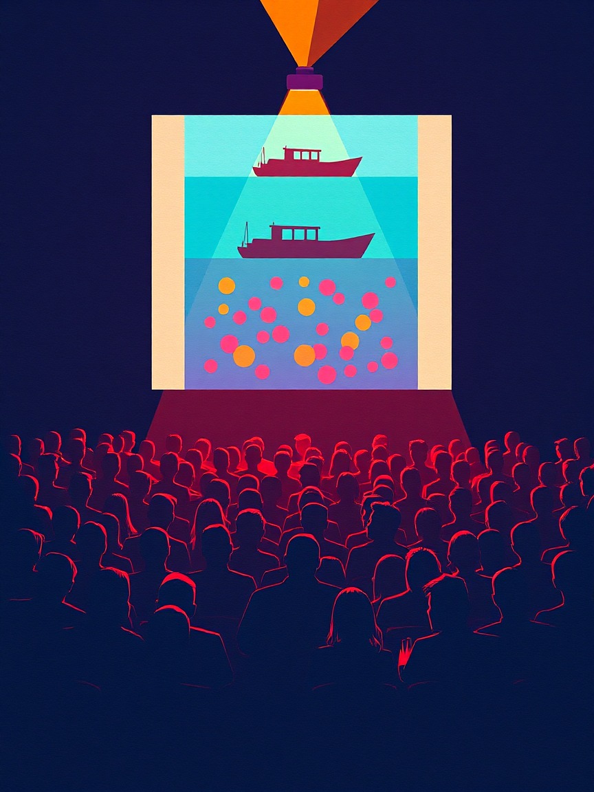 Cartel ilustrado: Glass Bottom Ferry. Sobre fronteras y utopías sumergidas en Cineteca Madrid