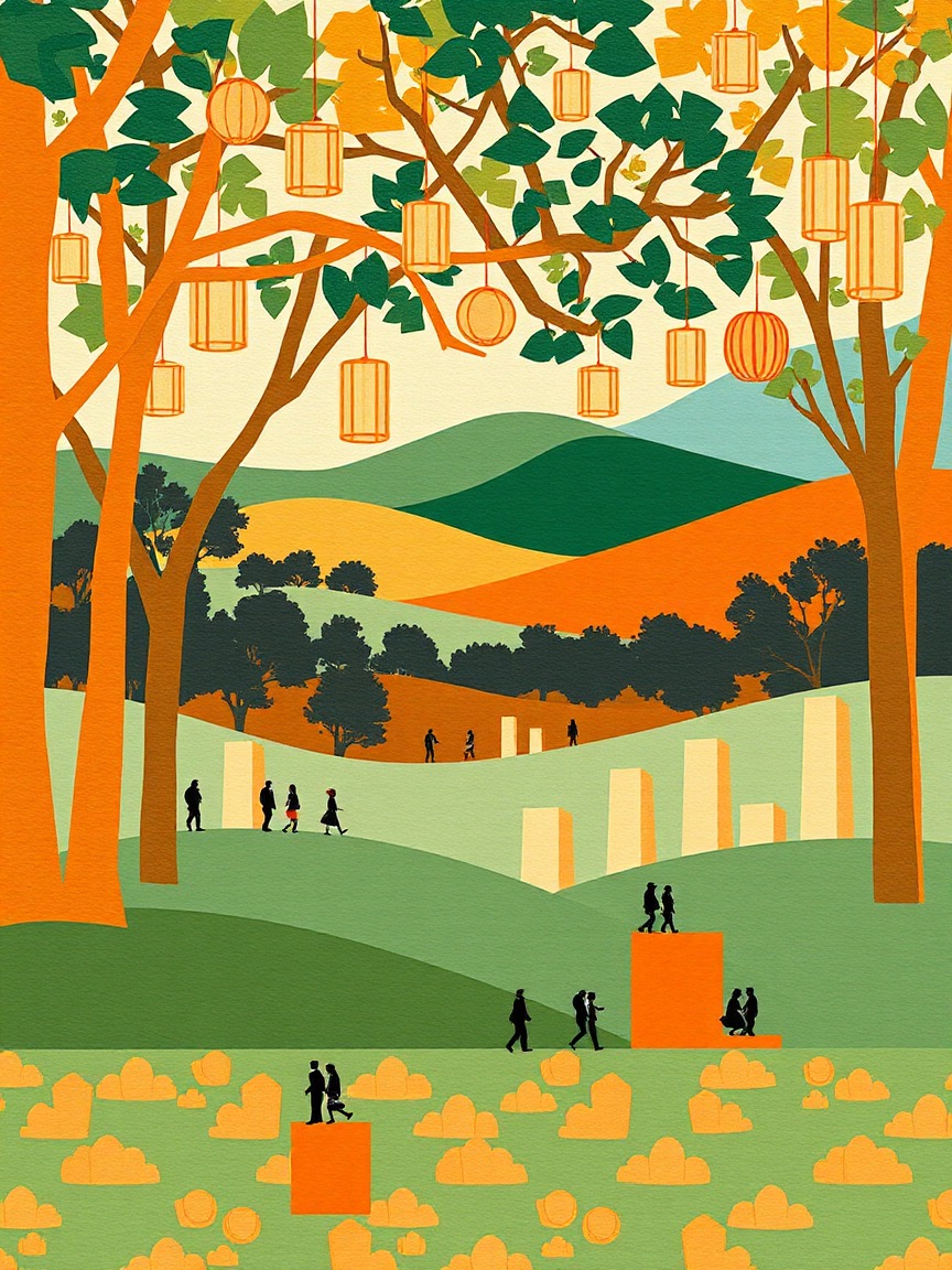 Locandina illustrata: "Baso bidaiariak / Bosques viajeros", intervento artistico di José Ramón Ais presso Parque de Etxebarria, Bilbao