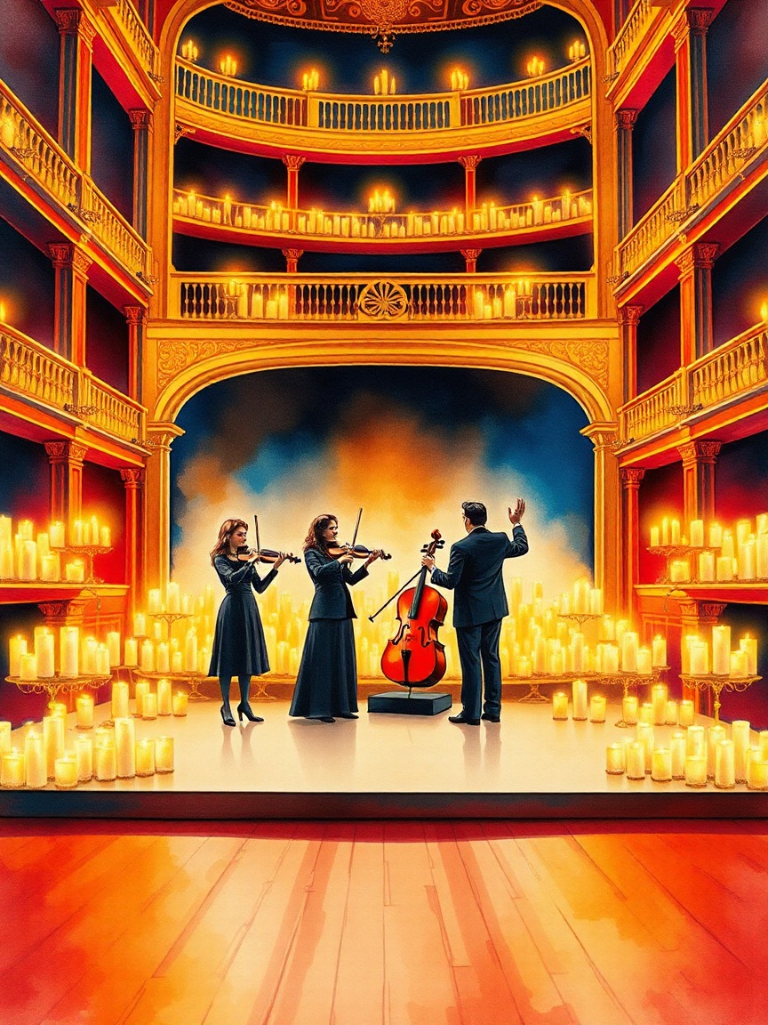 Cartel ilustrado: Aurum. Bandas sonoras a la luz de las velas en Teatro La Latina, Madrid