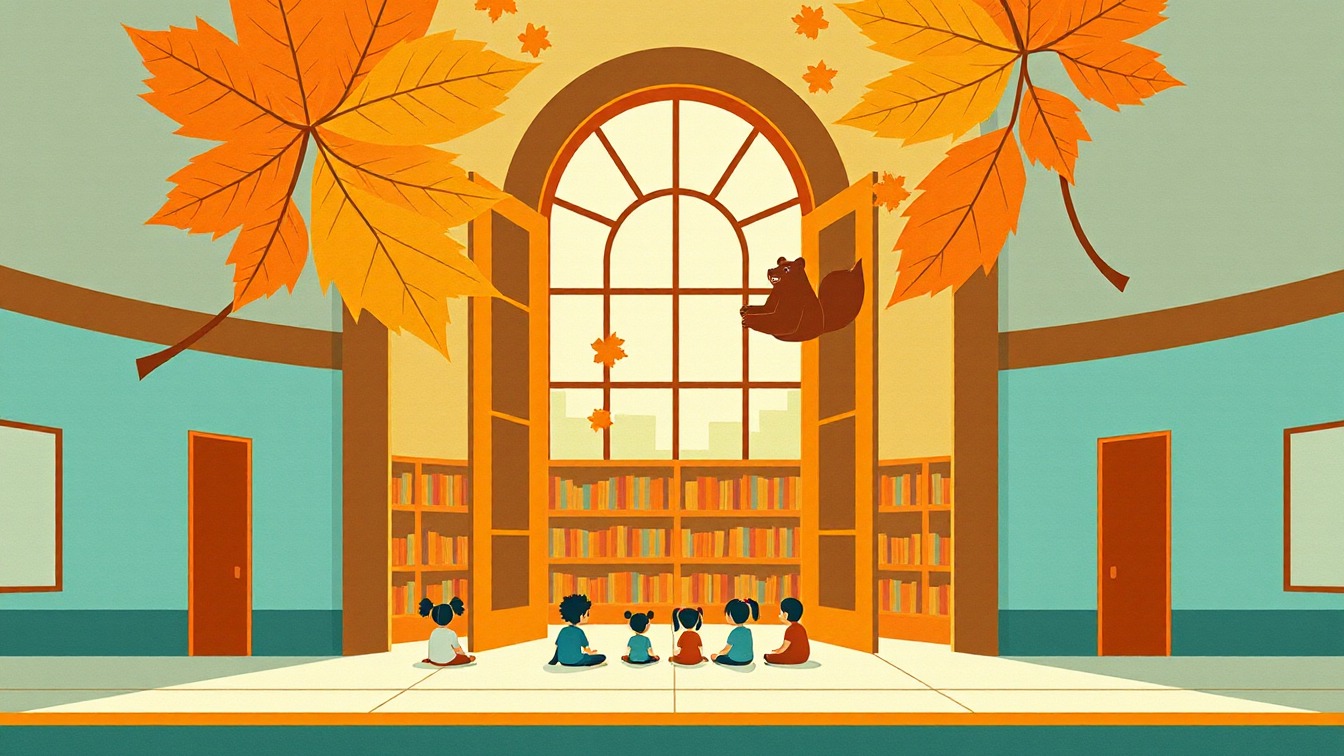 Illustriertes Plakat: Hora del conte. Sota les fulles de la tardor – Biblioteca Municipal Pompeu Fabra, Torrelles de Llobregat