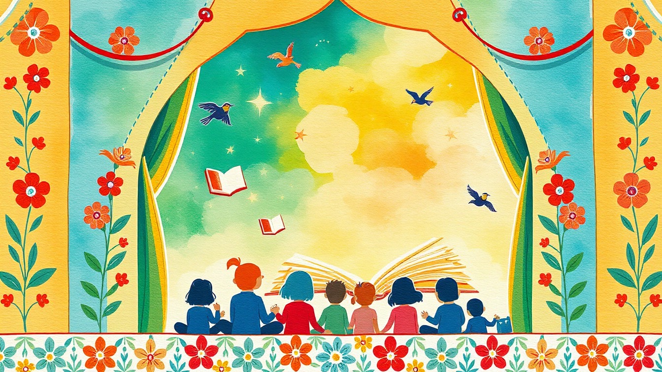 Cartel ilustrado: Fiestas de Agurain 2026 (txosnak): Cuentacuentos: "Izarrak kontari Ipuinak hegalari" en Txosnagunea, Salvatierra