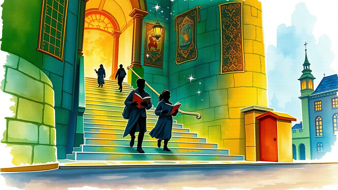 Illustriertes Plakat: Harry Potter's Descobreix a quina casa de Hogwarts pertanys – Biblioteca M. Serra i Moret, Pineda de Mar